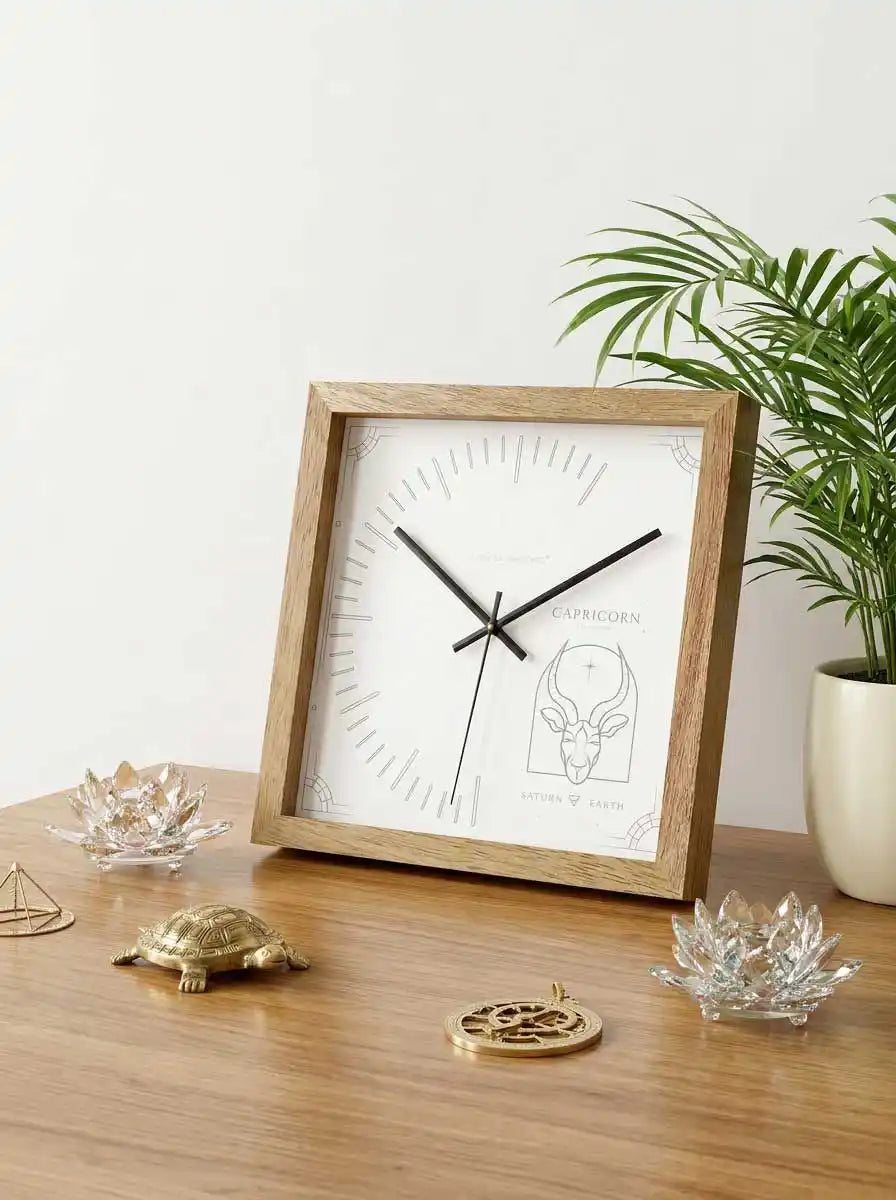 Capricorn Zodiac Large Wood Wall Clock – Natural Oak Frame Modern Living Room Wall Decor | Spaces Unhooked