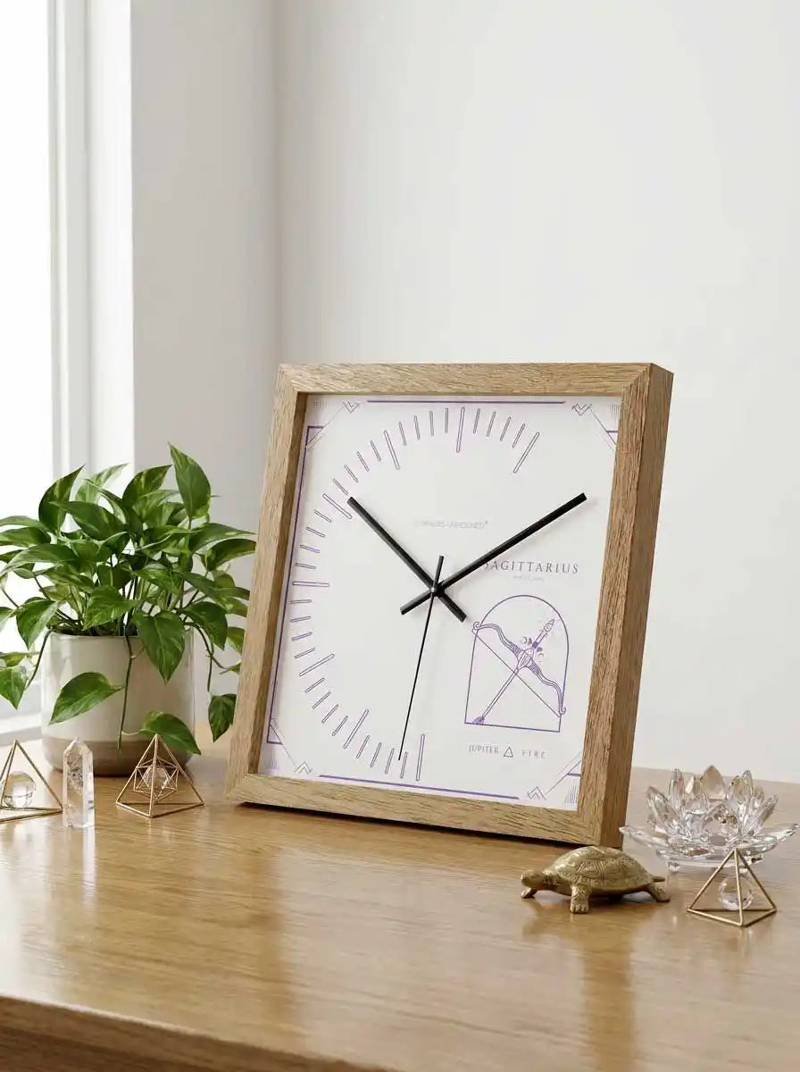 Sagittarius Zodiac Large Wood Wall Clock – Natural Oak Frame Boho Indian Living Room Wall Decor | Spaces Unhooked