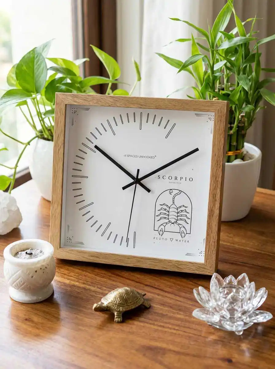 Scorpio Zodiac Large Wood Wall Clock – Natural Oak Frame Celestial Indian Living Room Wall Decor | Spaces Unhooked