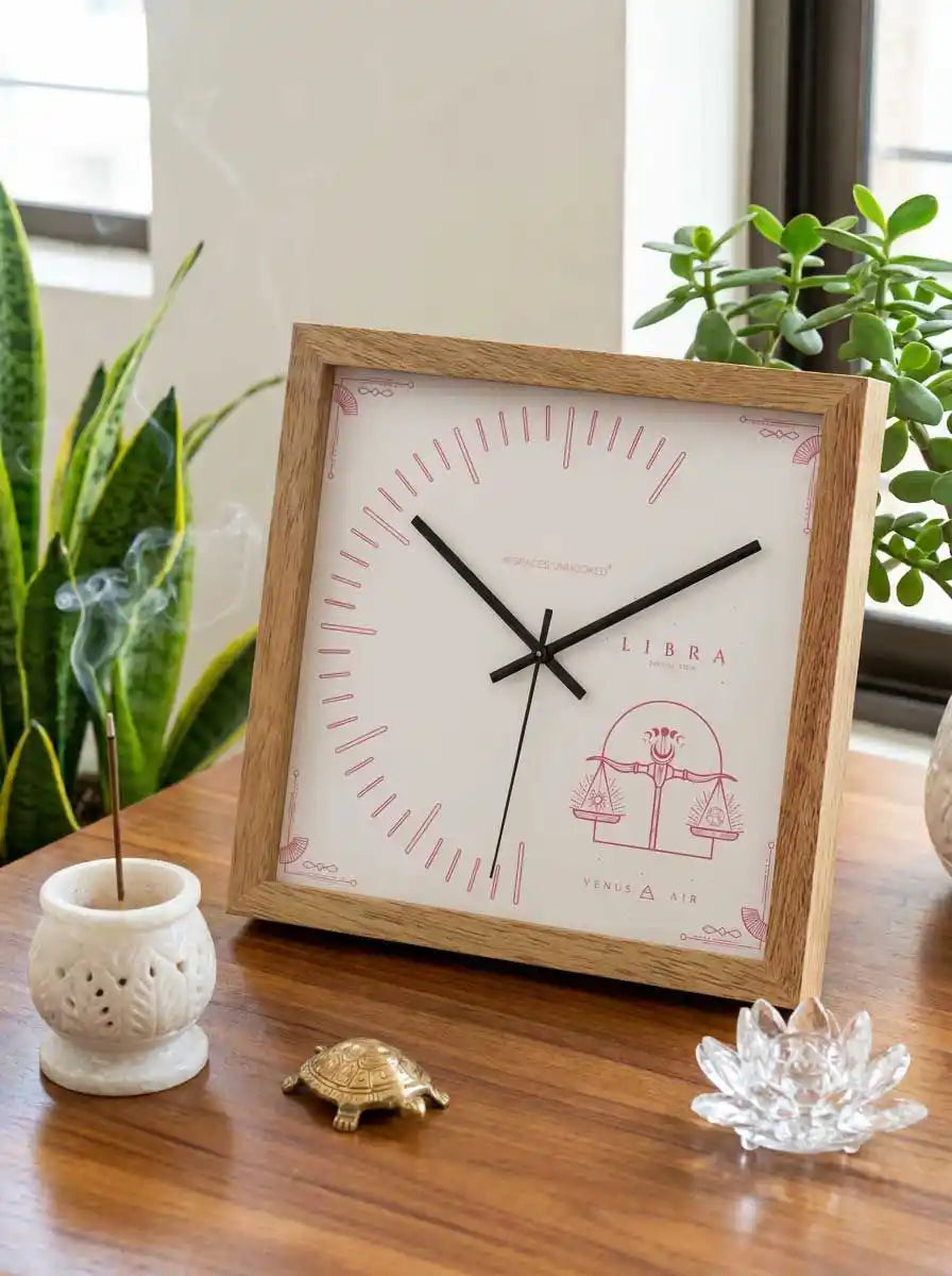 Libra Zodiac Wooden Wall Clock – Natural Timber Frame Indian Home Decor Style | Spaces Unhooked