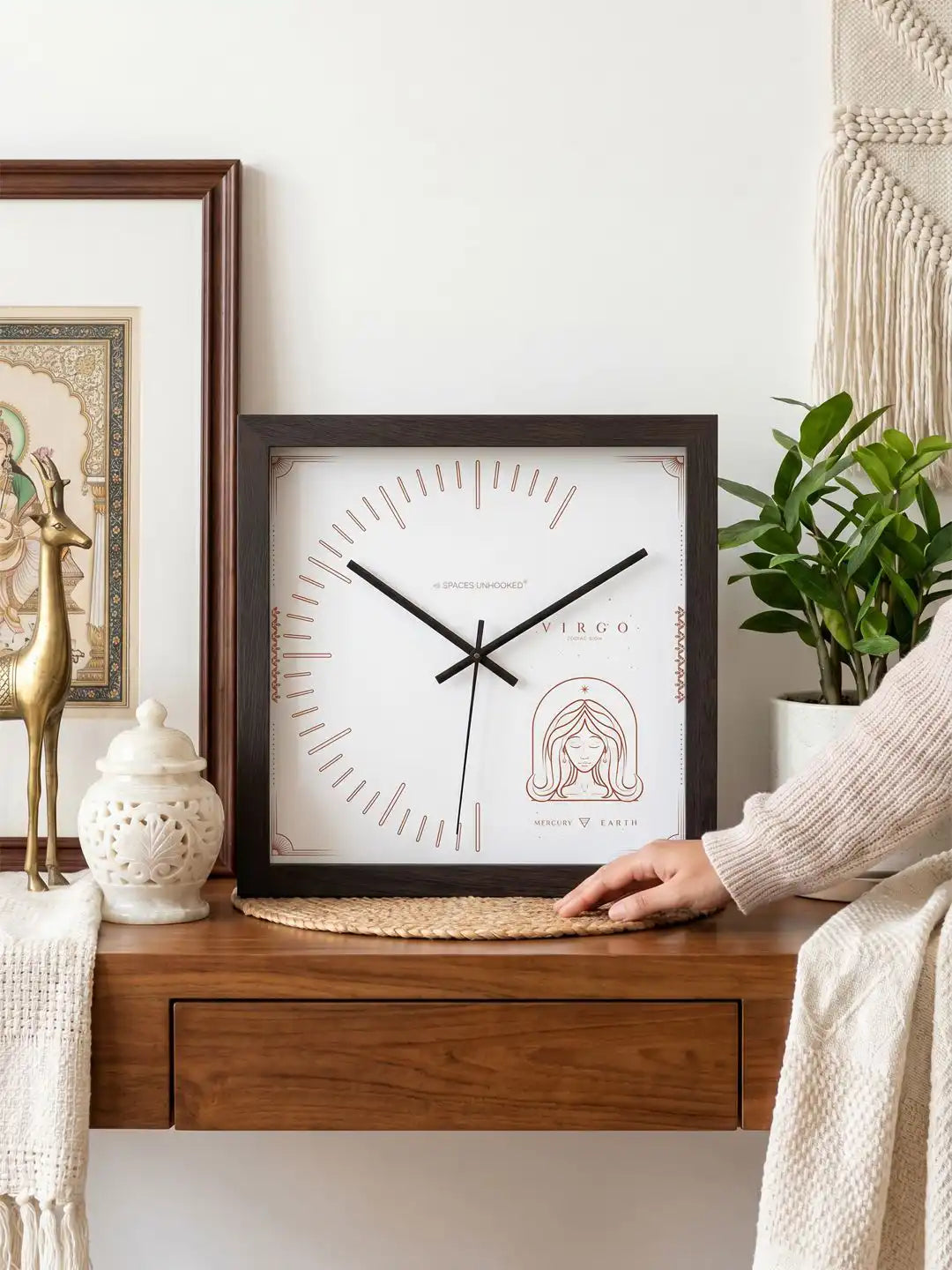 Lifestyle M | Wooden wall clock Virgo design placed on console table, natural wood clock aesthetic, wood frame wall clock for elegant home decoration