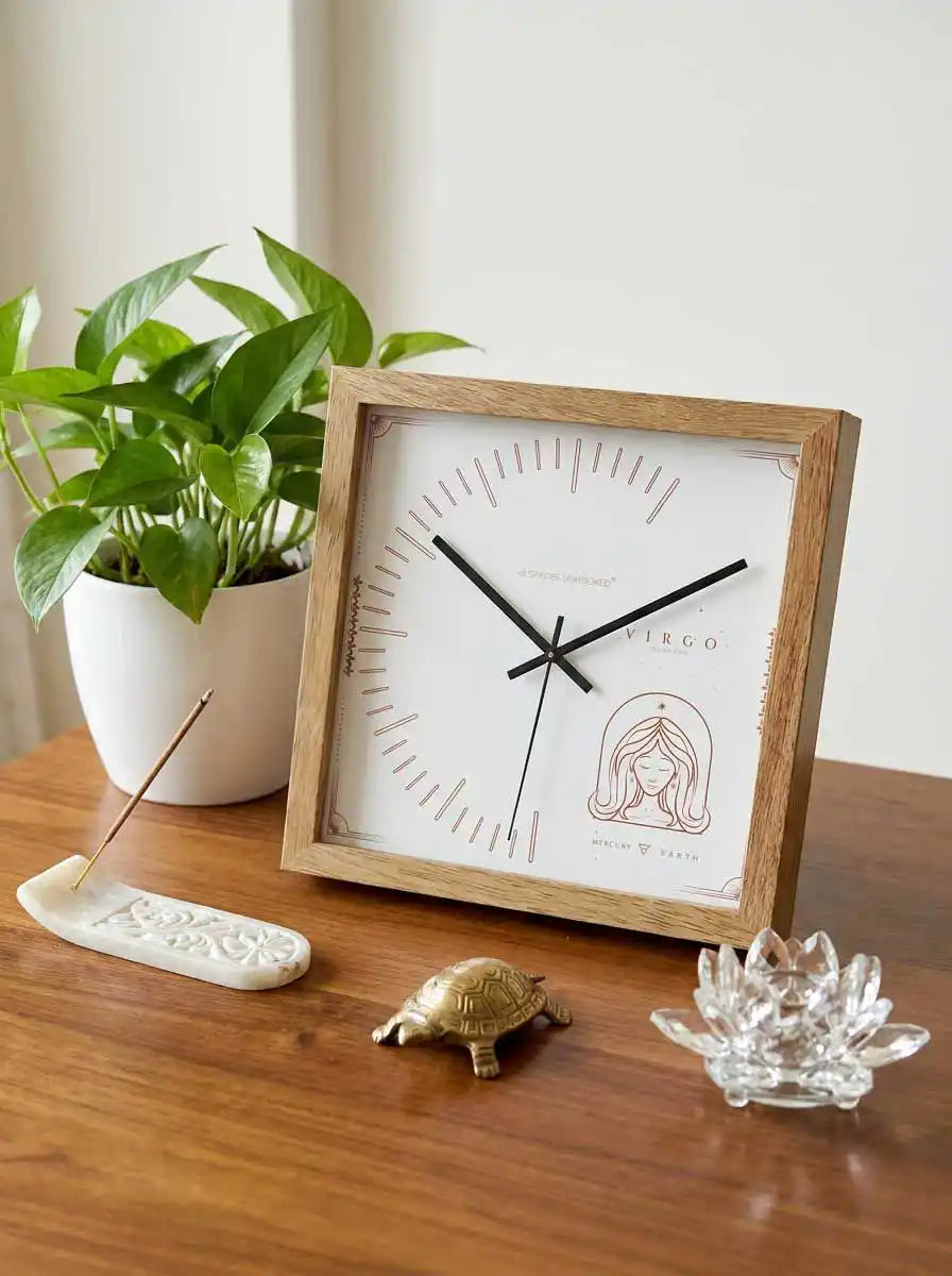 Virgo Zodiac Large Wood Wall Clock – Natural Oak Frame Celestial Zodiac Symbol Living Room Wall Decor | Spaces Unhooked
