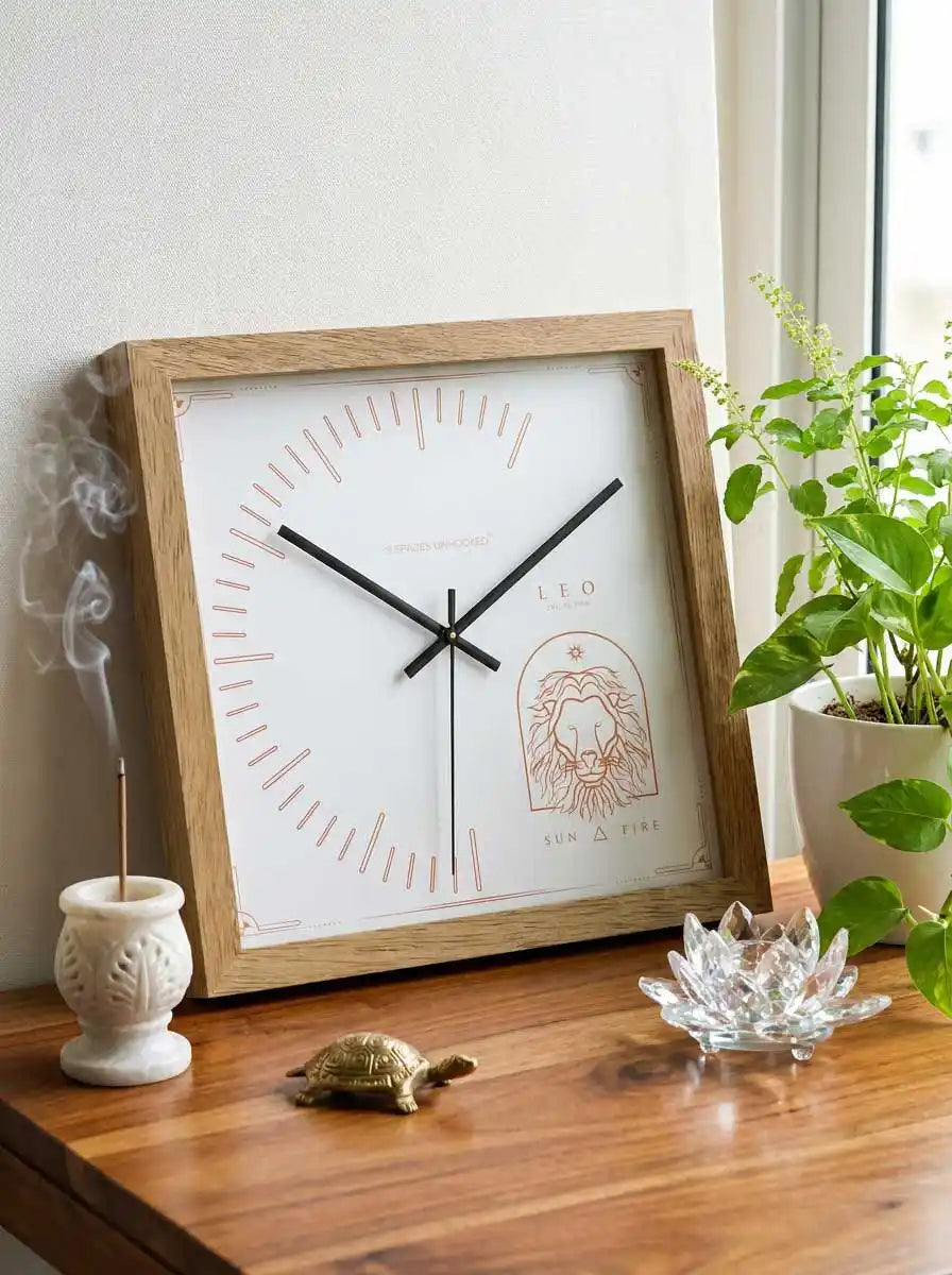 Leo Zodiac Large Wood Wall Clock – Natural Oak Frame Celestial Zodiac Symbol Living Room Wall Decor | Spaces Unhooked