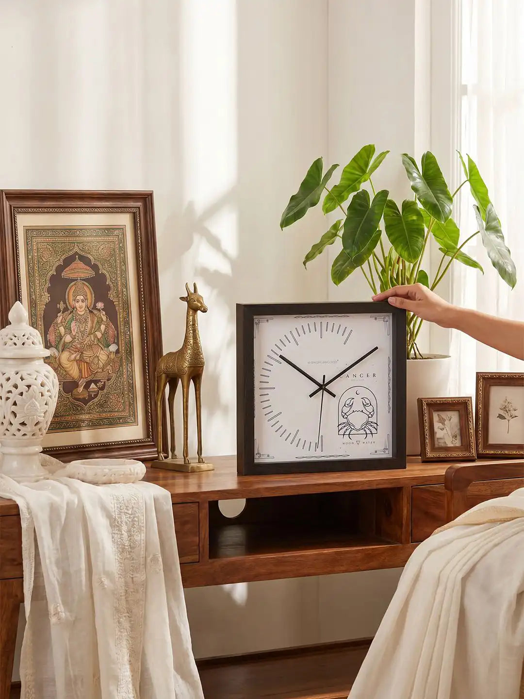 Square Dark Wood Frame Wall Clock with Navy Blue Cancer Crab Design on Wooden Console - Wooden Wall Clock for Living Room