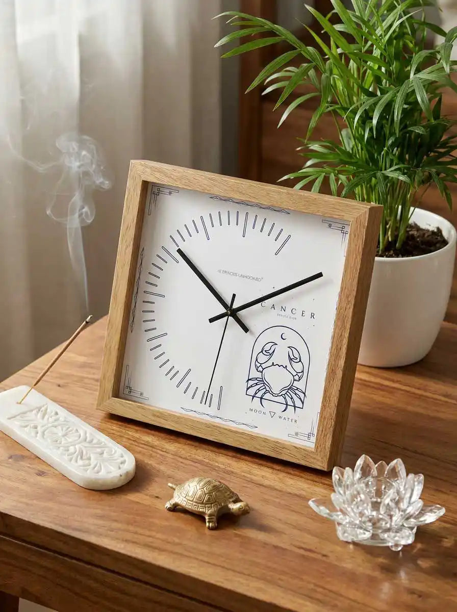 Cancer Zodiac Wood Frame Wall Clock – Top Down View Natural Oak Frame Blue Markers | Spaces Unhooked
