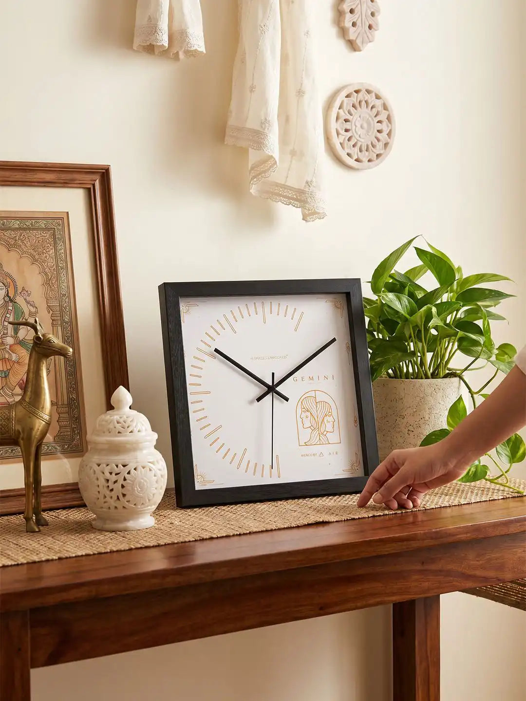 Close-Up Corner Detail of Deep Box Dark Wood Frame Wall Clock with Gold Art Deco Border Dial - Timber Wall Clock