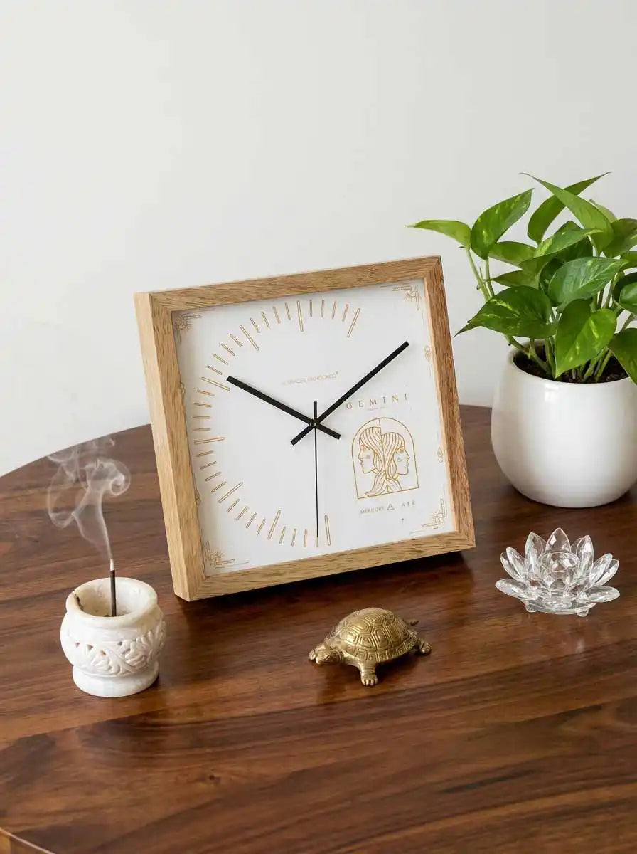 Close-Up View of Gemini Zodiac Wall Clock with Premium Wooden Frame