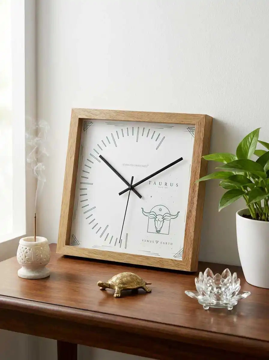 Taurus Zodiac Large Wood Wall Clock – Natural Oak Frame Celestial Zodiac Symbol Living Room Wall Decor | Spaces Unhooked