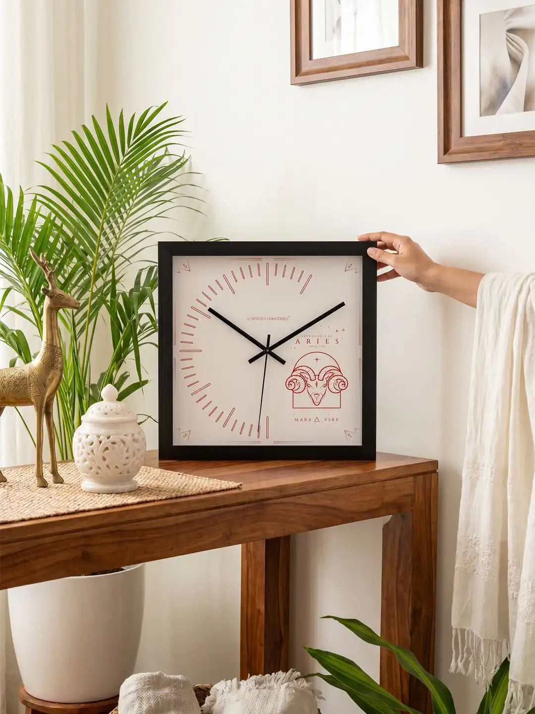 Close-Up Corner Detail of Deep Box Dark Wood Frame Wall Clock with Red Art Deco Border Dial - Timber Wall Clock