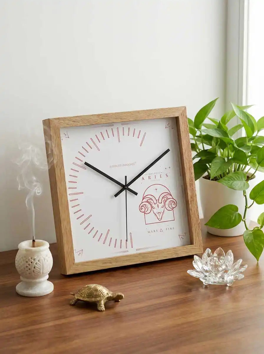 Angled View Aries Zodiac Wall Clock with Wooden Frame and Silent Movement