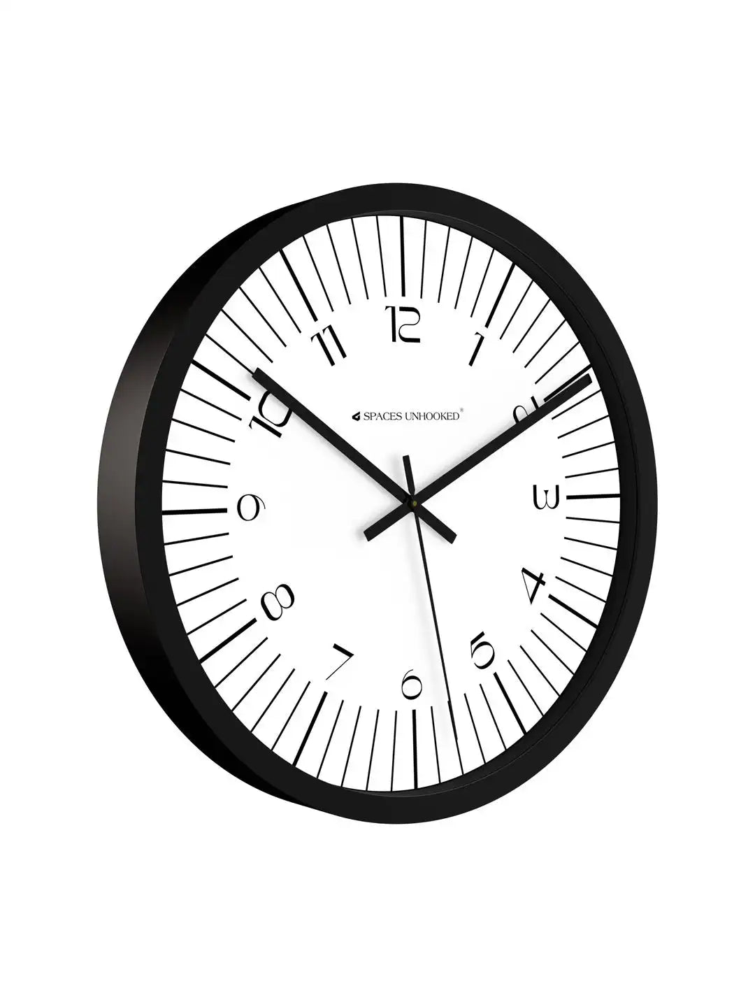 Side profile of Spaces Unhooked black wall clock featuring a slim polycrafted frame and silent quartz movement