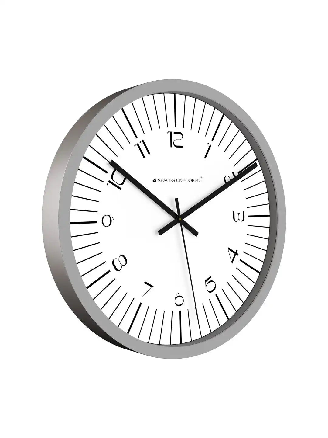 Side profile of Spaces Unhooked grey wall clock featuring a slim polycrafted frame and silent quartz movement