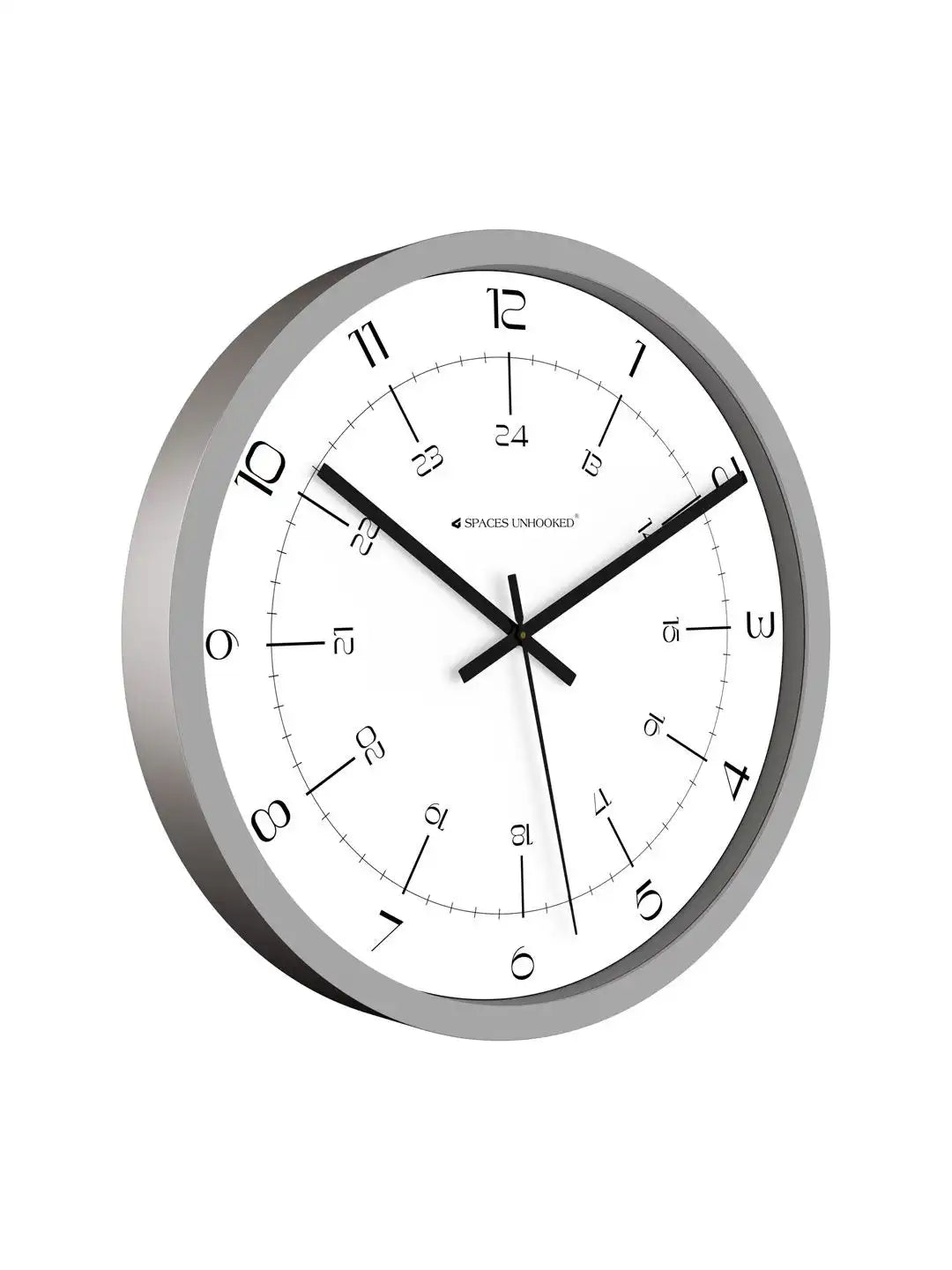 Side profile of Spaces Unhooked grey wall clock featuring a slim polycrafted frame and silent quartz movement