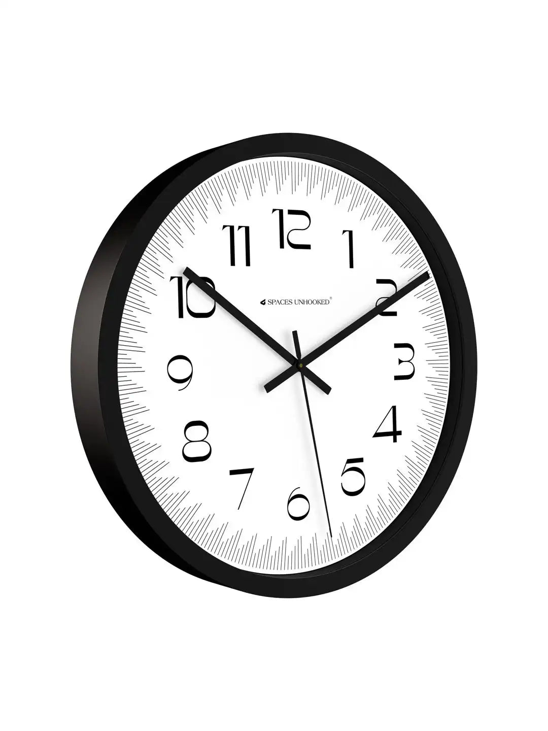 Side profile of Spaces Unhooked black wall clock with slim polycrafted frame and silent quartz movement