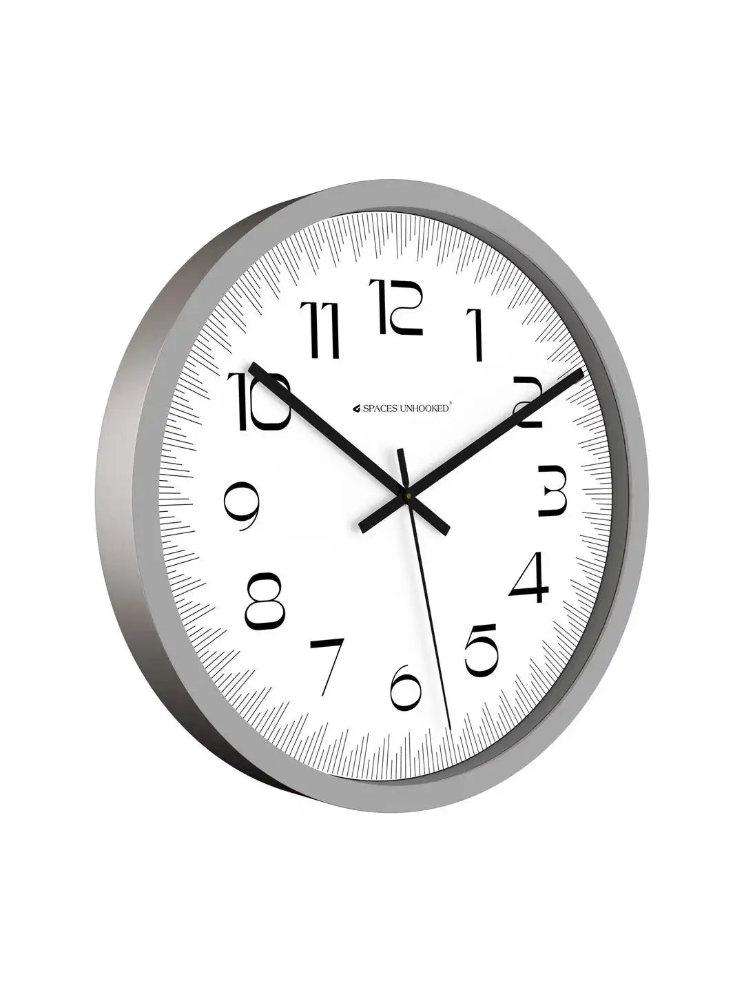 Side profile of Spaces Unhooked grey round wall clock with slim frame and modern design