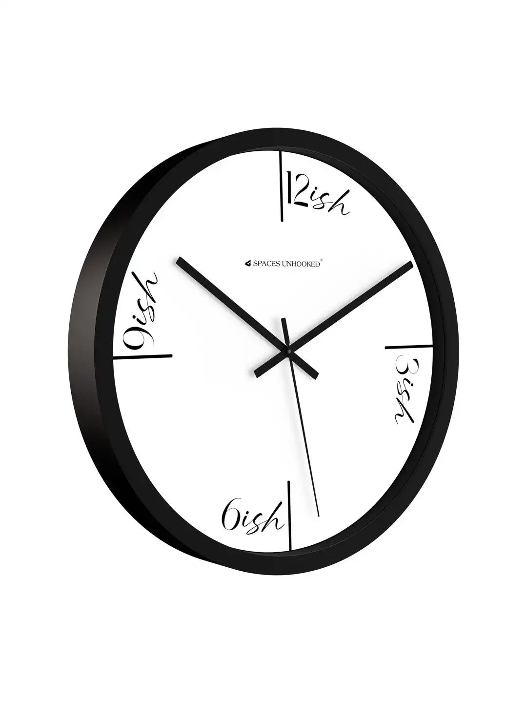 Side profile of Spaces Unhooked black round wall clock showing slim frame and modern design