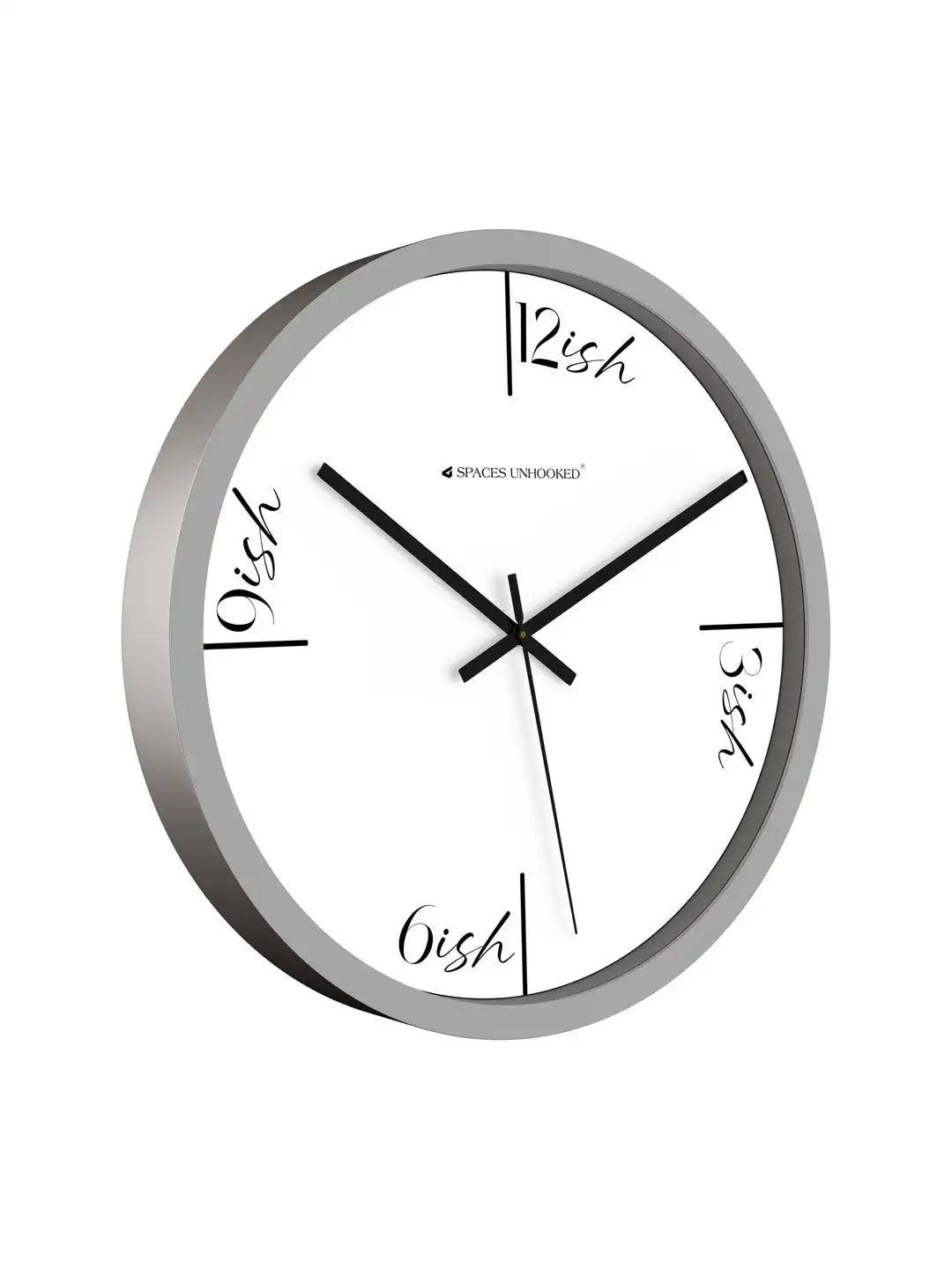 Grey-framed white dial wall clock with "ish" labels shown at a side angle against a white background