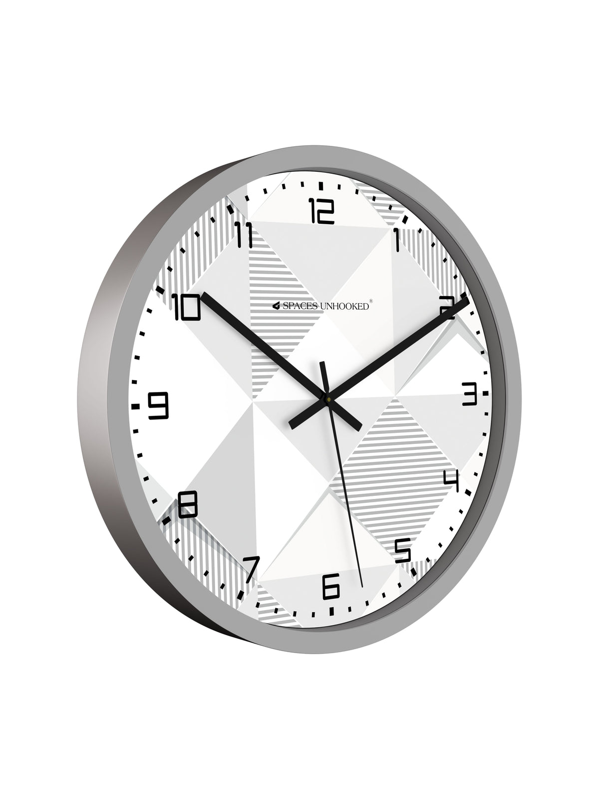 Wall clock with silver frame and white face on a white background