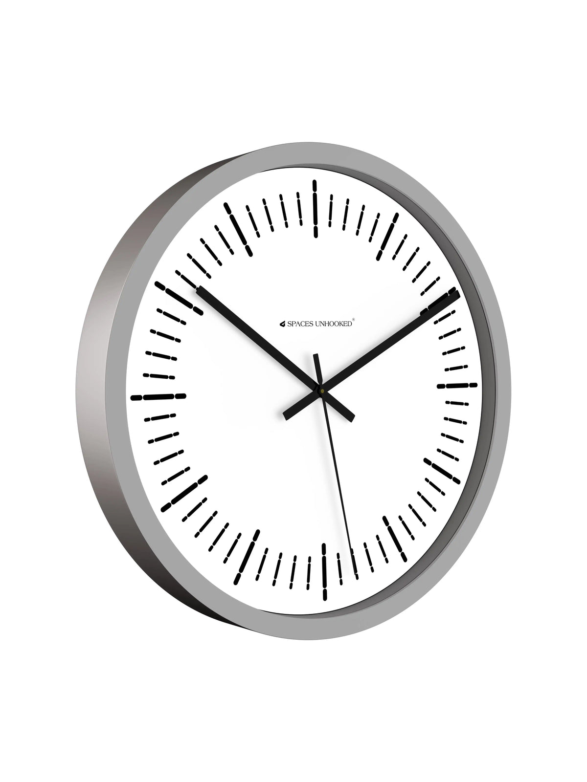 Side White – Side profile of designer wall clock showing silver metal rim depth