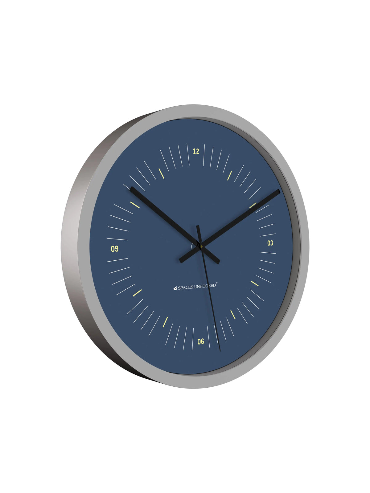 Side White – Side profile of designer wall clock showing silver metal rim depth