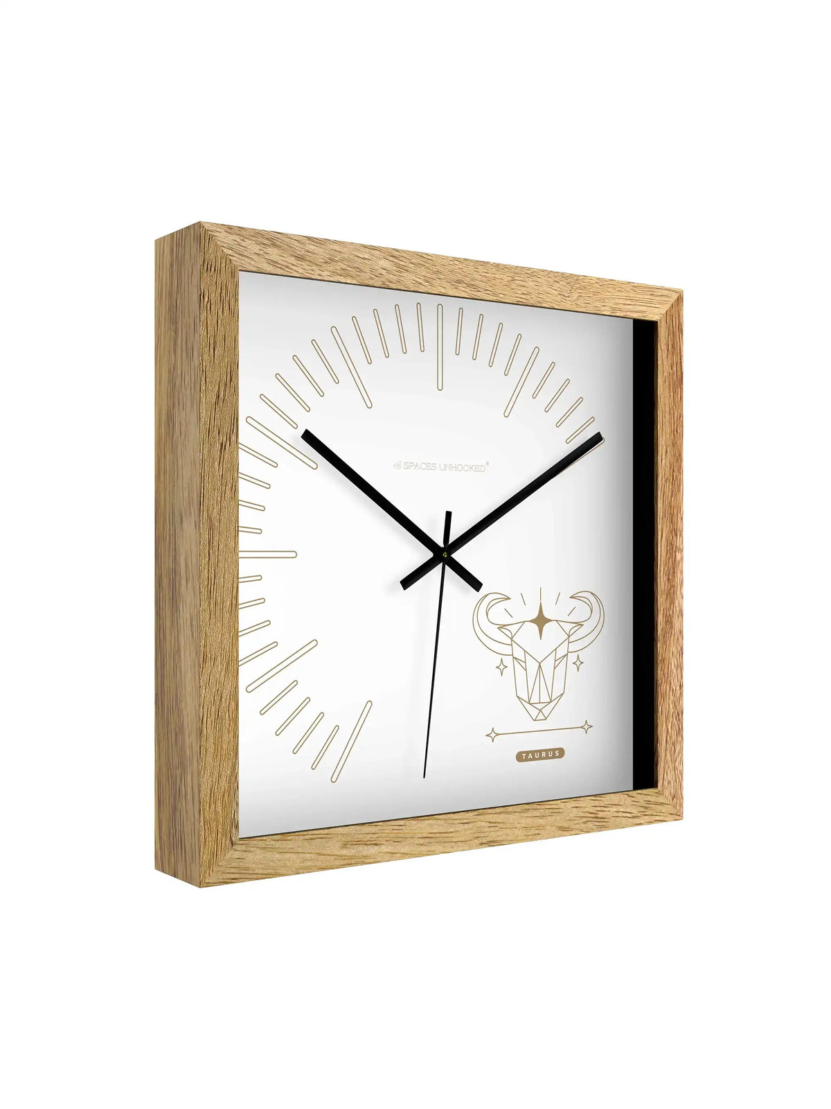 Side Angle View Taurus Zodiac Wall Clock with Deep Natural Wood Frame Profile