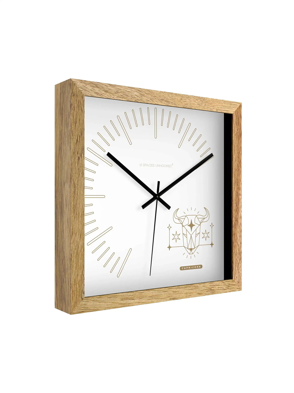 Capricorn Zodiac Wall Clock Specifications – Hardwood Core Noiseless Quartz Metal Hands | Spaces Unhooked