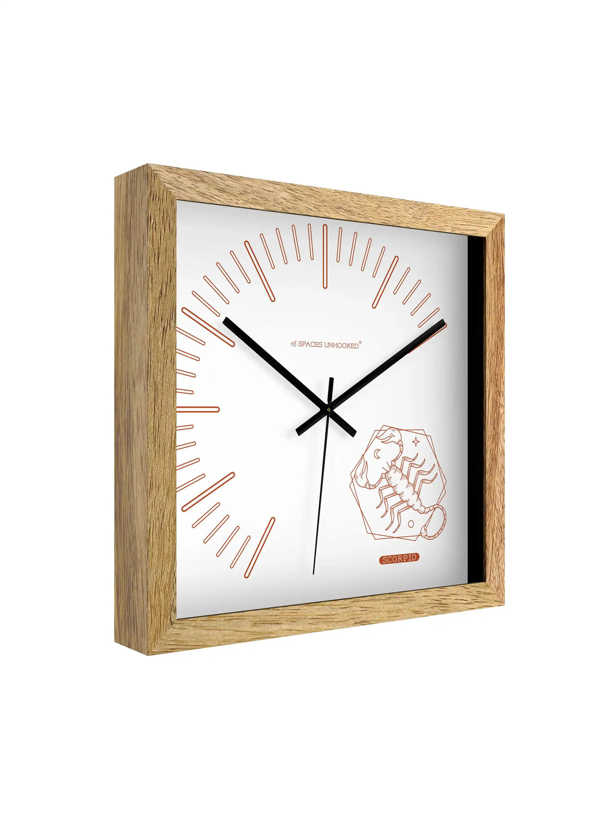 Scorpio Zodiac Wall Clock Specifications – Hardwood Core Noiseless Quartz Metal Hands | Spaces Unhooked