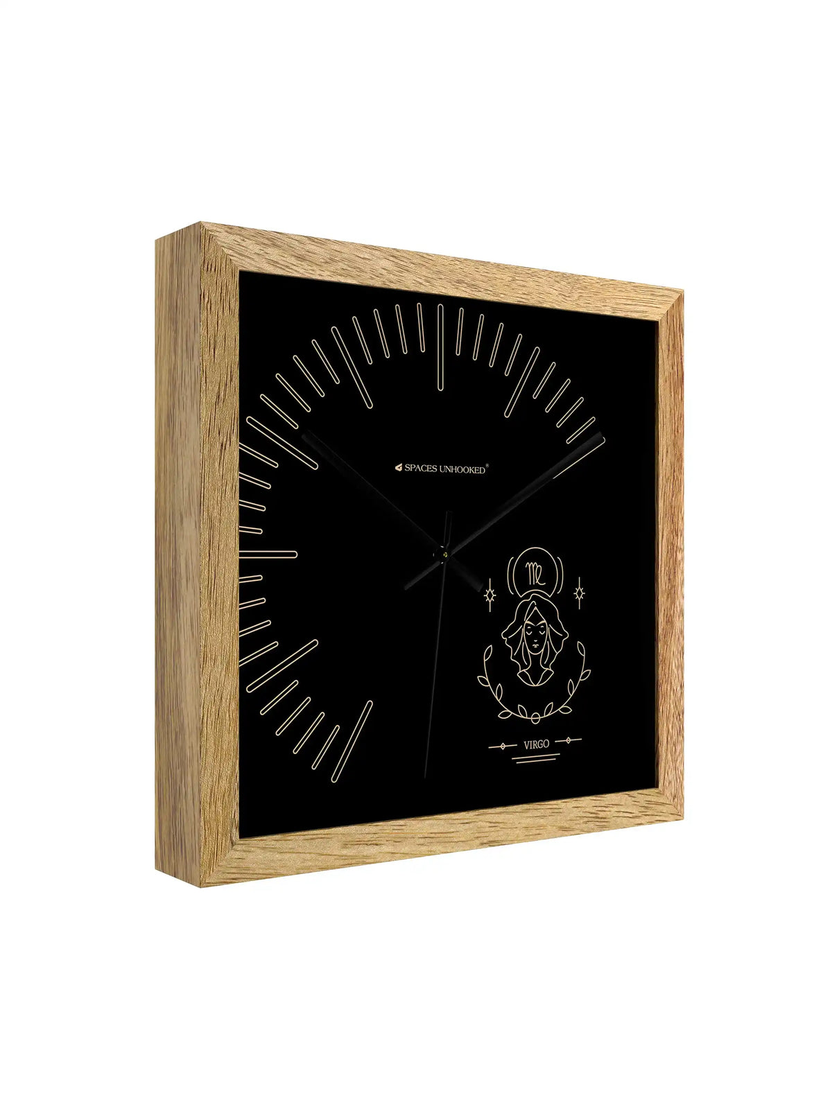 Angled View Virgo Zodiac Wall Clock with Wooden Frame and Contemporary Styling