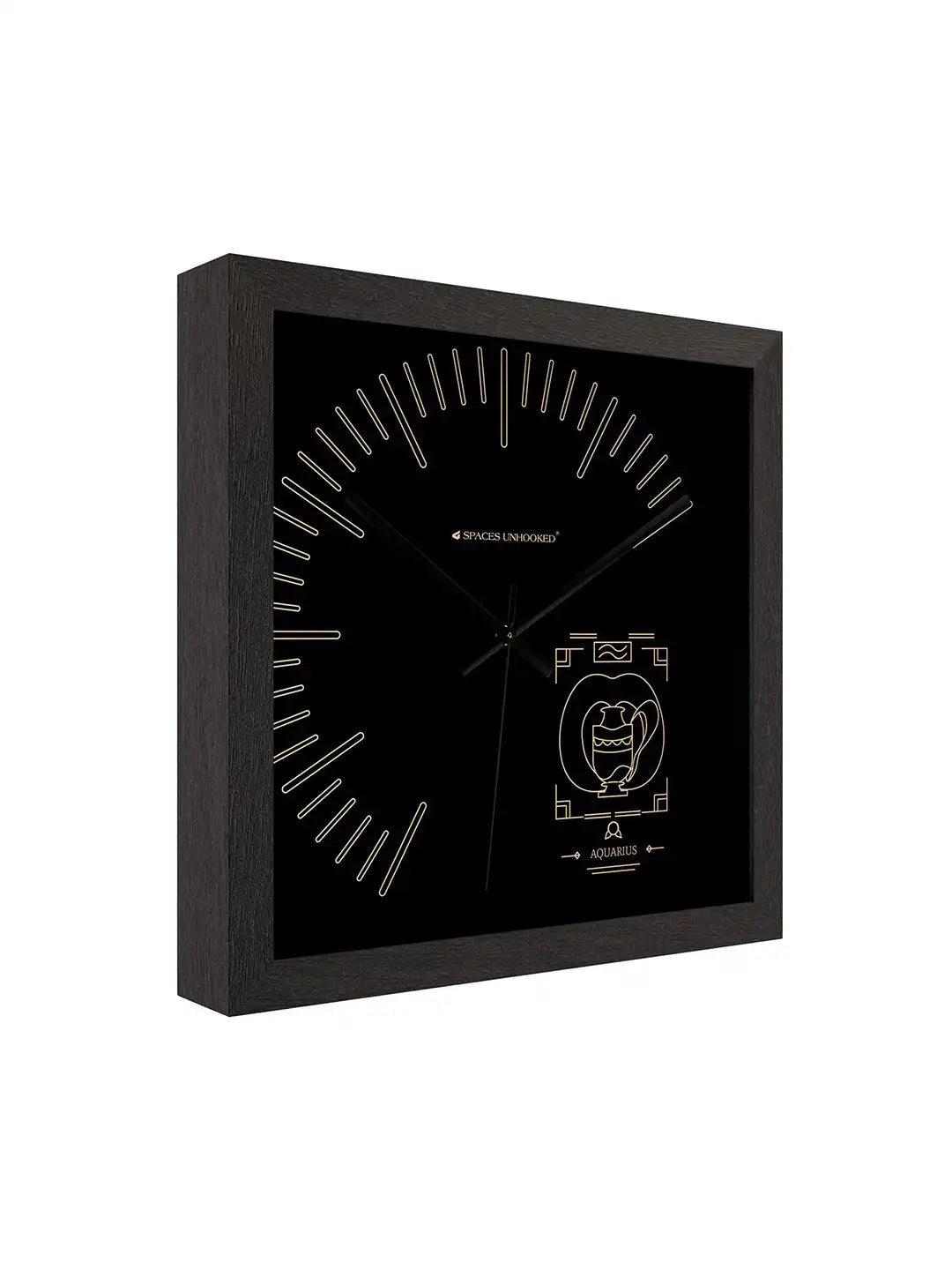 Aquarius zodiac wooden wall clock front view on white background with black frame, celestial dial artwork and silent quartz movement