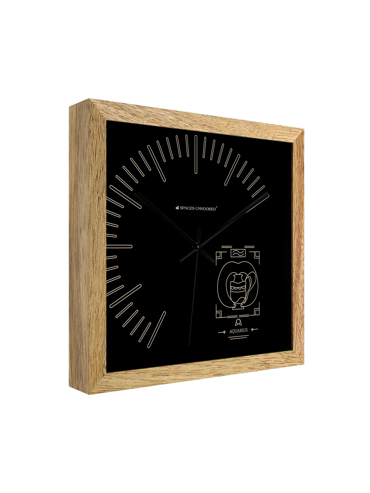 Side Angle View Aquarius Zodiac Wall Clock Showcasing Deep Wooden Frame Profile