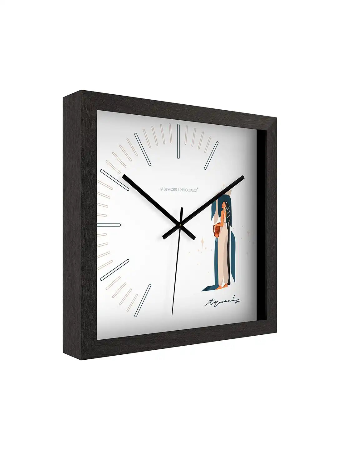 Front view of Aquarius zodiac square wall clock with modern illustration, minimalist dial, and black wooden frame.