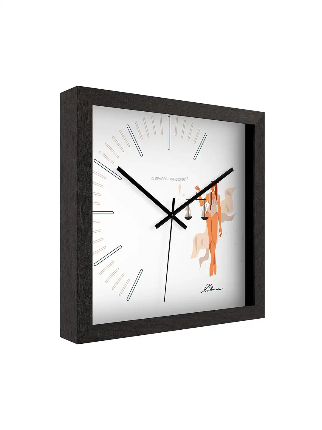 Side Profile of Square Dark Walnut Wall Clock with Deep Box Frame and Libra Illustration Dial - Wood Frame Wall Clock