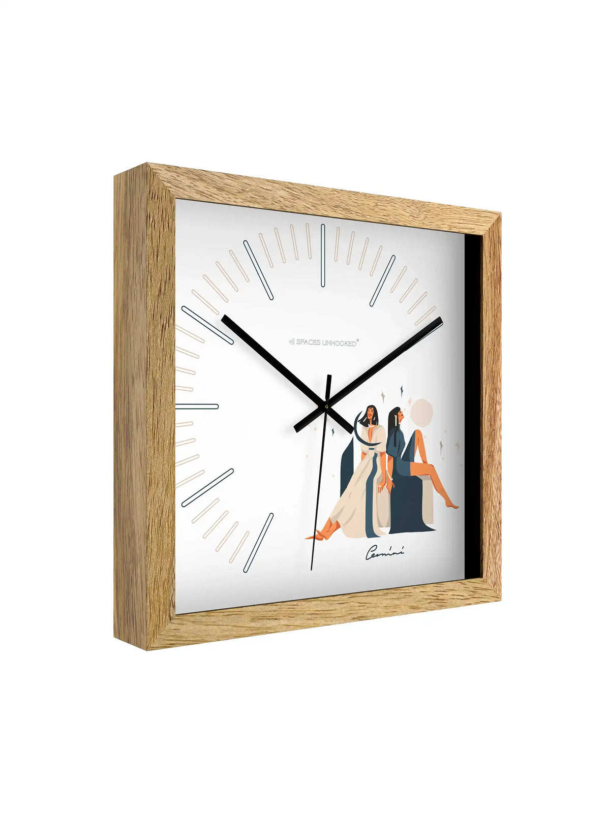 Side Perspective Gemini Zodiac Wall Clock Highlighting Deep Wooden Frame Construction and Craftsmanship