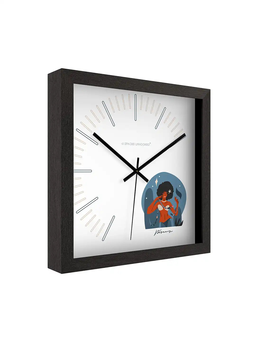 Front view of modern decorative wall clock with silent movement and minimalist white clock face.