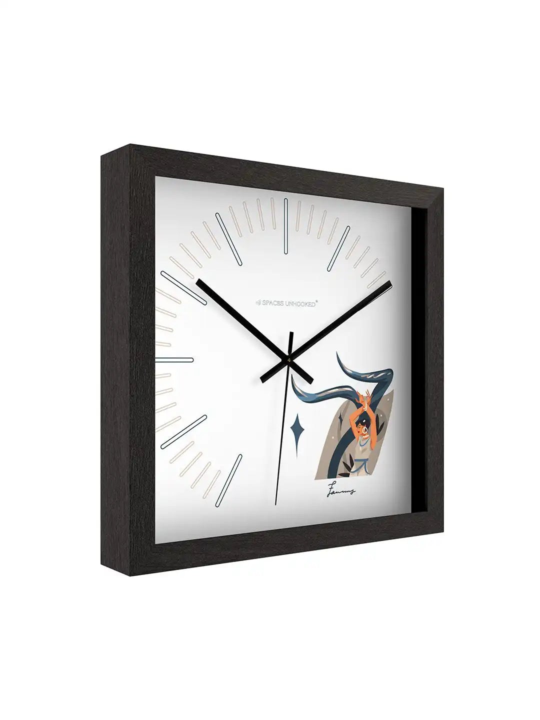 Three-quarter view of a square wall clock with black frame, clean dial design, and artistic dancer graphic on the clock face.