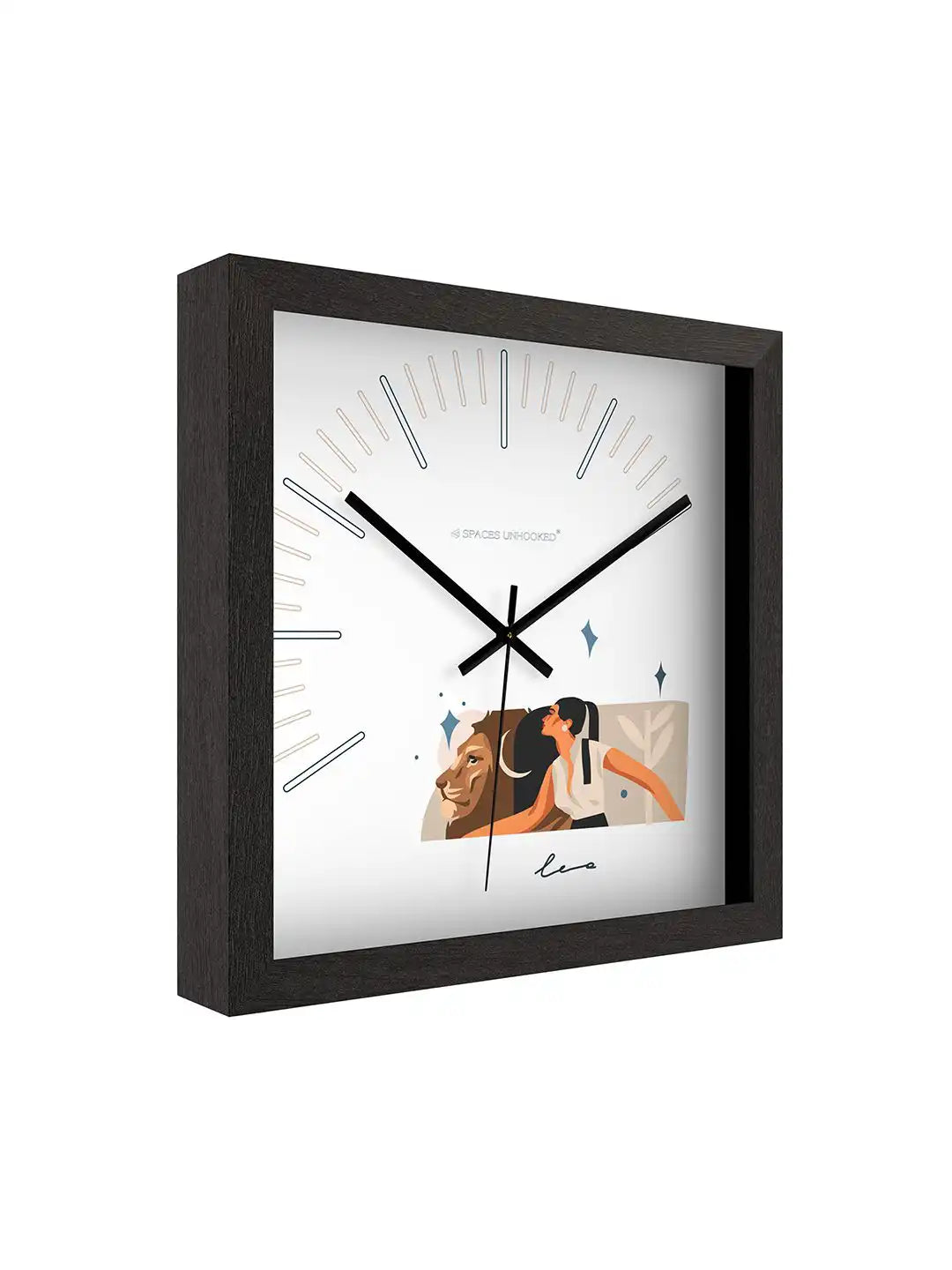 Front-facing Leo astrology wall clock with lion artwork, minimalist white face, silent quartz movement, and contemporary square design.