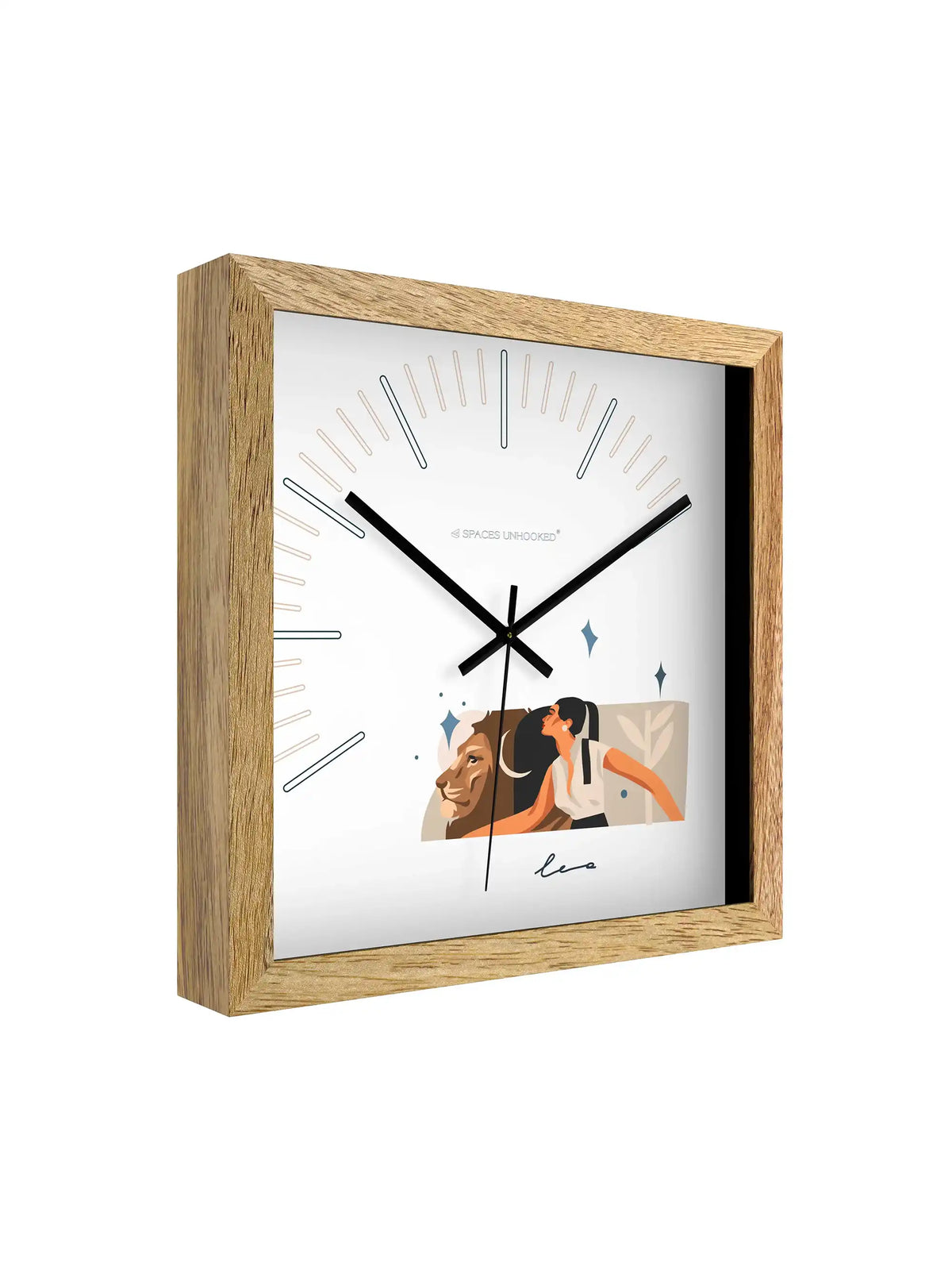 Leo Zodiac Wall Clock Specifications – Hardwood Core Noiseless Quartz Polished Metal Hands | Spaces Unhooked