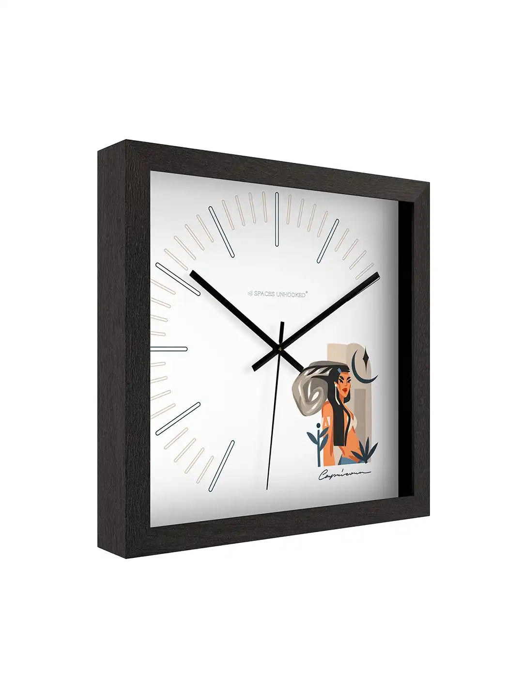 Side profile of Capricorn wooden wall clock, deep dark wood frame construction, minimalist square wall clock with premium finish