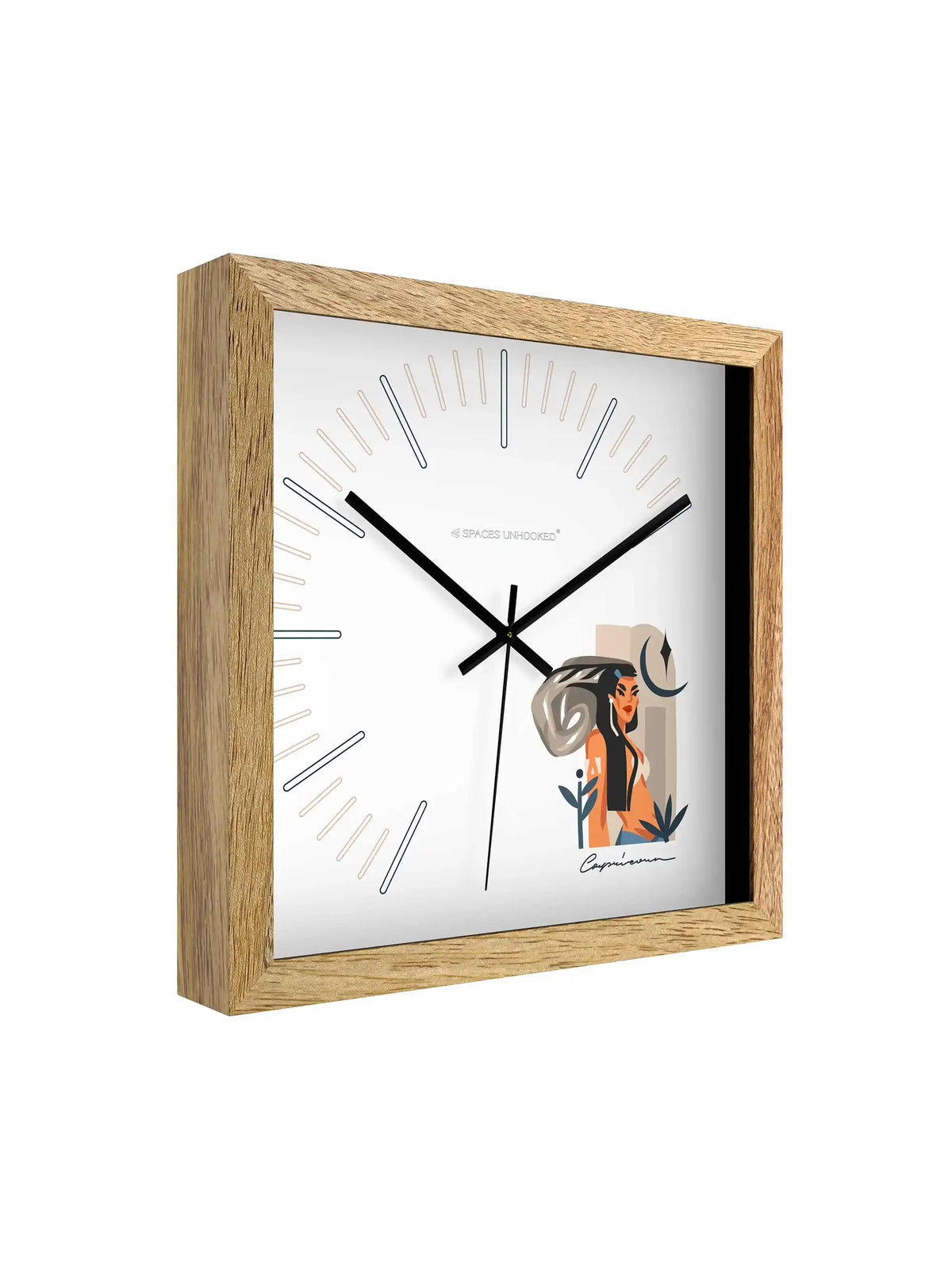 Capricorn Zodiac Wall Clock Specifications – Hardwood Core Noiseless Quartz Polished Metal Hands | Spaces Unhooked