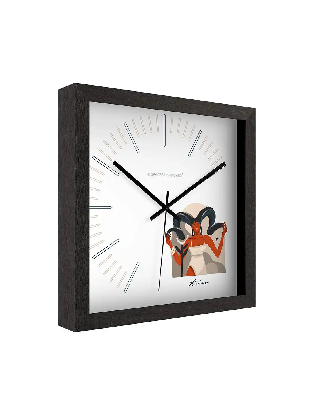 Three-quarter perspective view of the Taurus zodiac wall clock featuring a black wooden frame, minimalist dial layout, and artistic zodiac illustration.