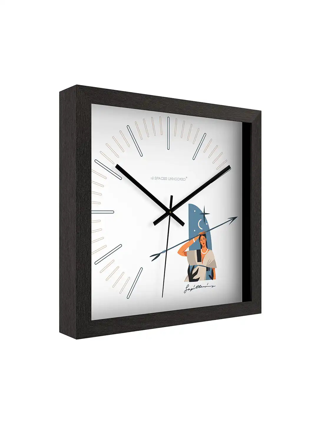 Sagittarius zodiac wall clock displayed on a wooden console table beneath framed wall art, styled with decorative accents and natural light in a modern interior.