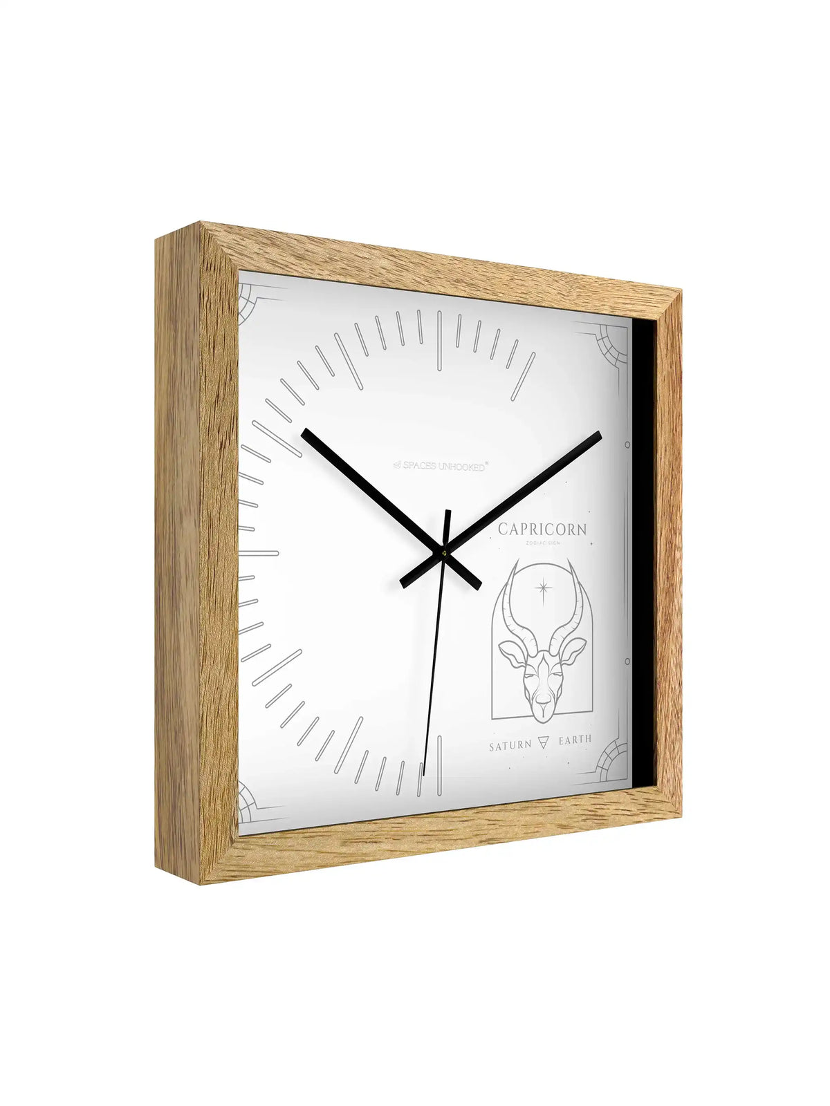 Capricorn Zodiac Wall Clock Specifications – Hardwood Core Noiseless Quartz Metal Hands | Spaces Unhooked