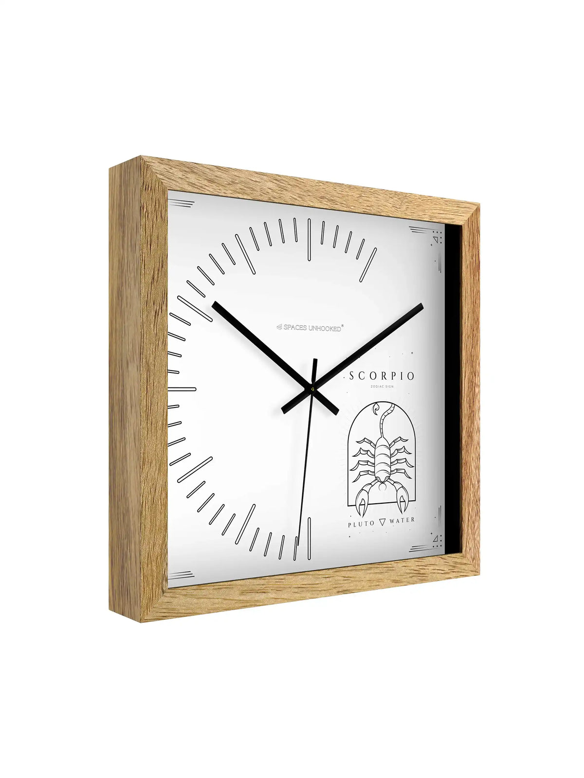 Scorpio Zodiac Wall Clock Specifications – Hardwood Core Noiseless Quartz Polished Metal Hands | Spaces Unhooked
