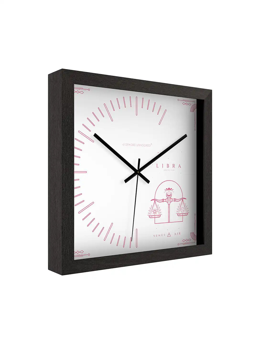 Side Profile of Square Dark Walnut Wall Clock with Deep Box Frame and Pink Libra Zodiac Dial - Wood Frame Wall Clock