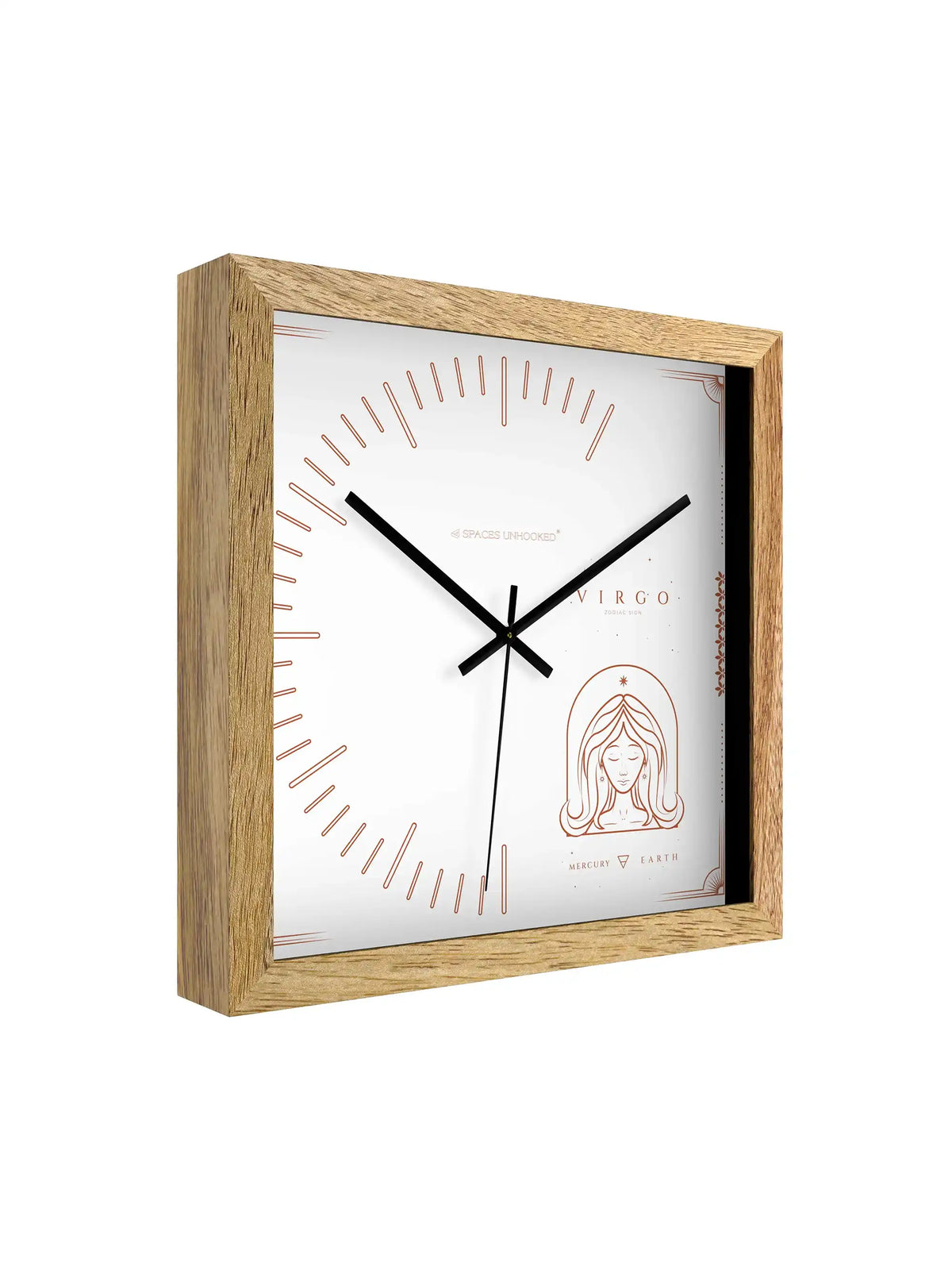 Virgo Zodiac Wall Clock Specifications – Hardwood Core Noiseless Quartz Polished Metal Hands | Spaces Unhooked