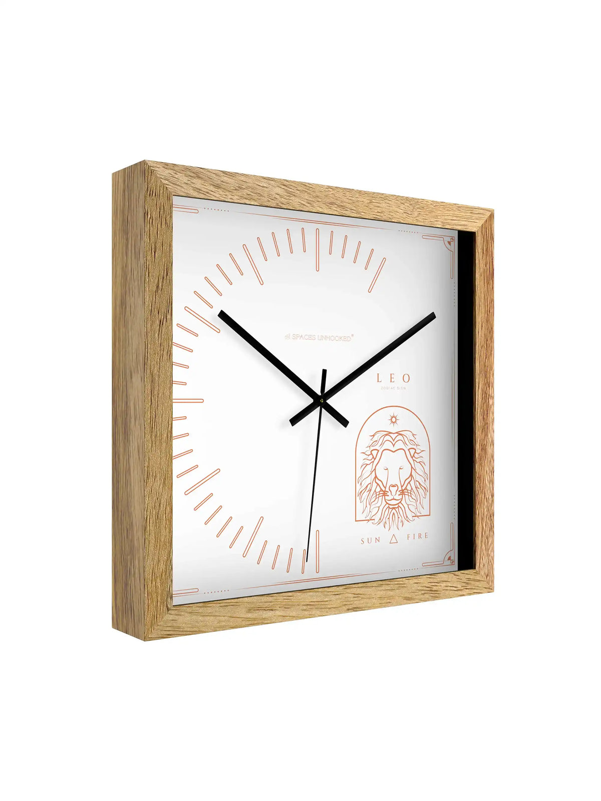 Leo Zodiac Wall Clock Specifications – Hardwood Core Noiseless Quartz Polished Metal Hands | Spaces Unhooked