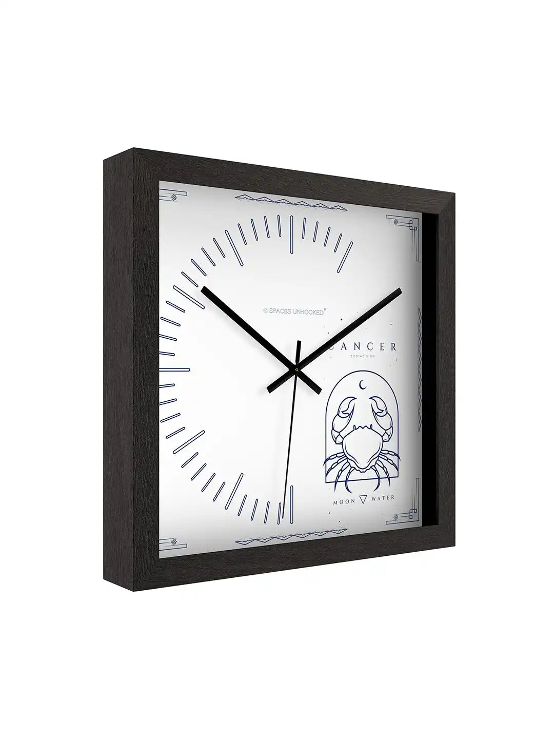 Side Profile of Square Dark Walnut Wall Clock with Deep Box Frame and Navy Blue Cancer Zodiac Dial - Wood Frame Wall Clock