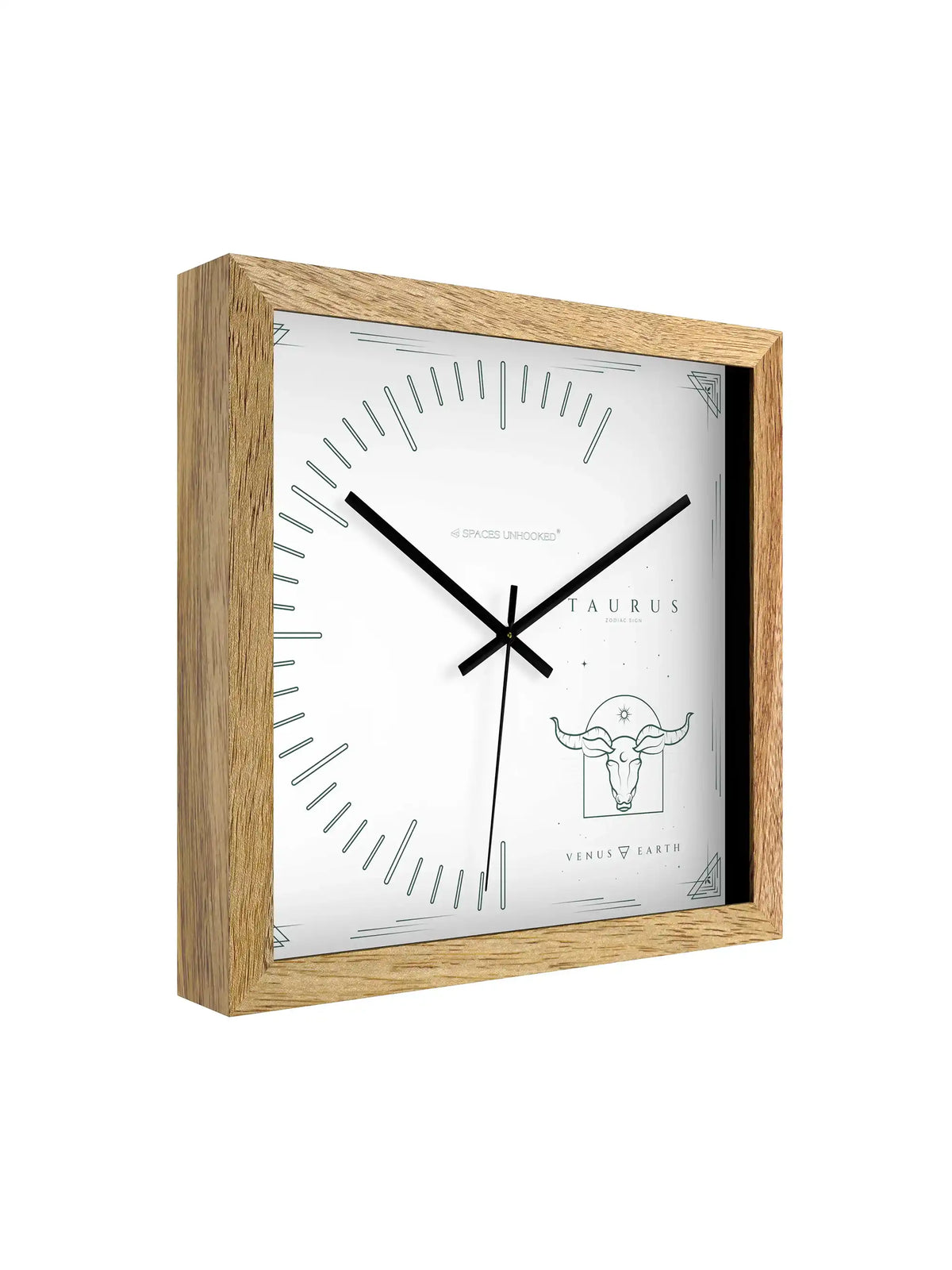 Taurus Zodiac Wall Clock Specifications – Hardwood Core Noiseless Quartz Polished Metal Hands | Spaces Unhooked