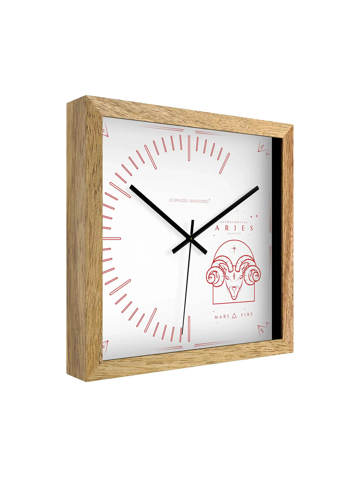 Side Angle View Aries Zodiac Wall Clock with Deep Natural Wood Frame