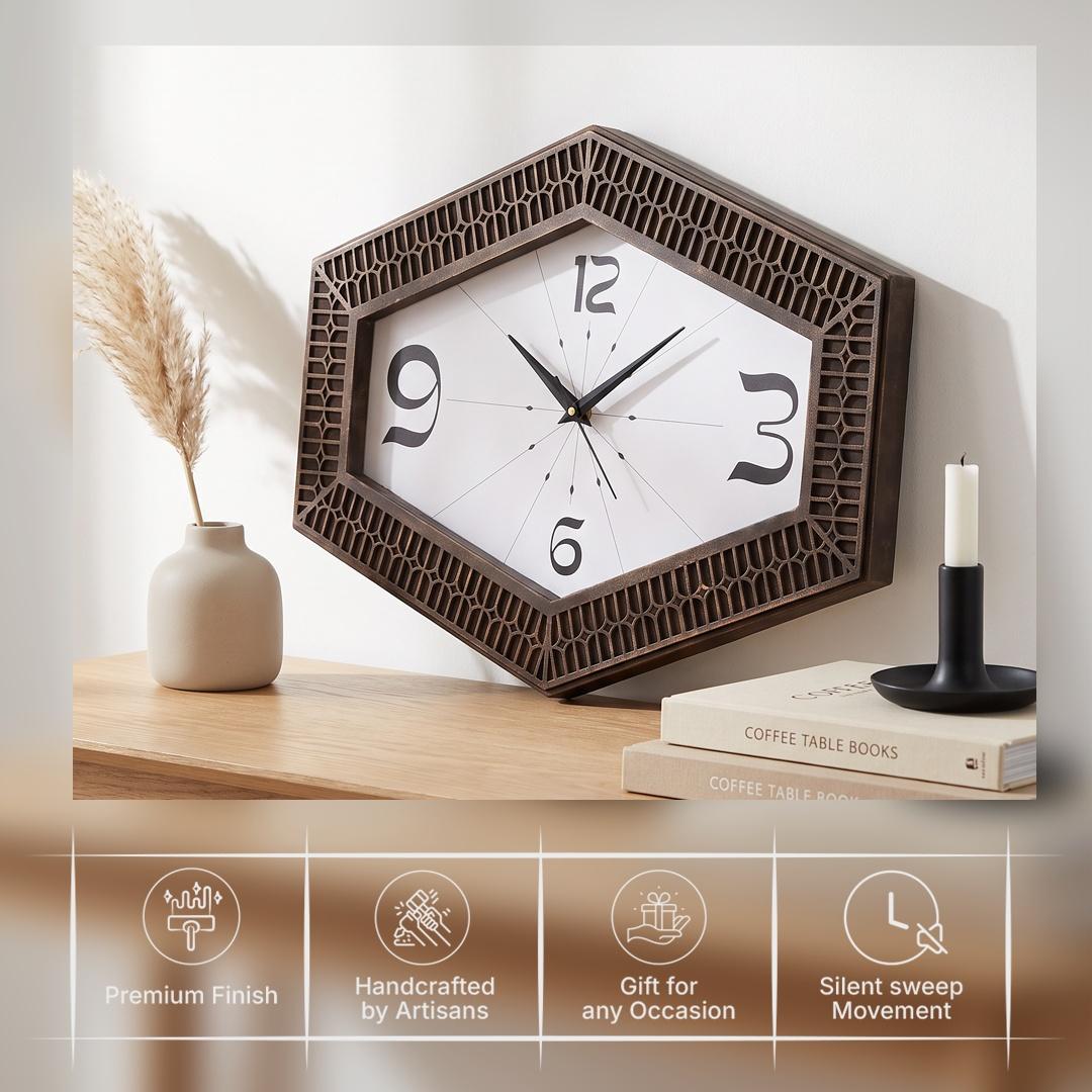 Spaces Unhooked Hexagonal Wall Clock, Dark Brown Lattice Frame